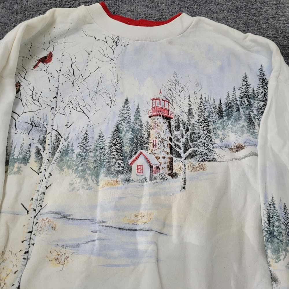 Artisans Sweatshirt Womens Size 1X White Winter Lighthouse Graphic USA Stain